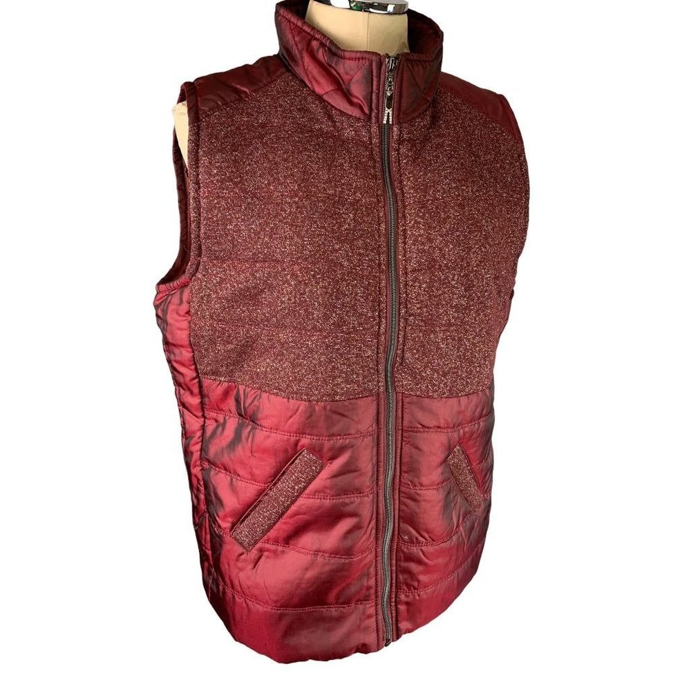 Large Casual Identity Women's Full Zip Burgundy Metallic Lightweight Puffer Vest